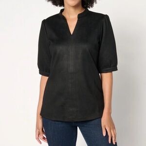 New Belle Boho by Kim Gravel Black Faux Suede Short Sleeve Top / 1X